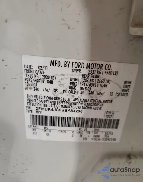 2011 Ford Edge Sel z USA, uszkodzony, nr VIN 2FMDK4JC6BBA84298